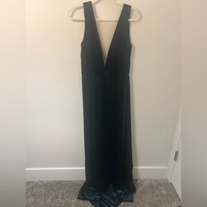 Elegant Dark Green Velour Low Back V-Neck Dress